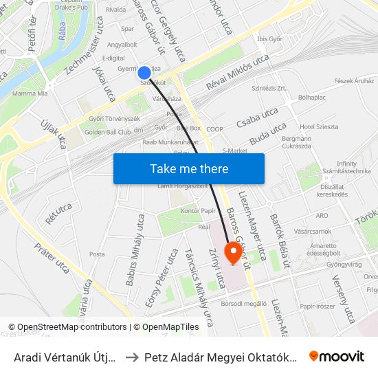 Aradi Vértanúk Útja, Szökőkút to Petz Aladár Megyei Oktatókórház Onkológia map