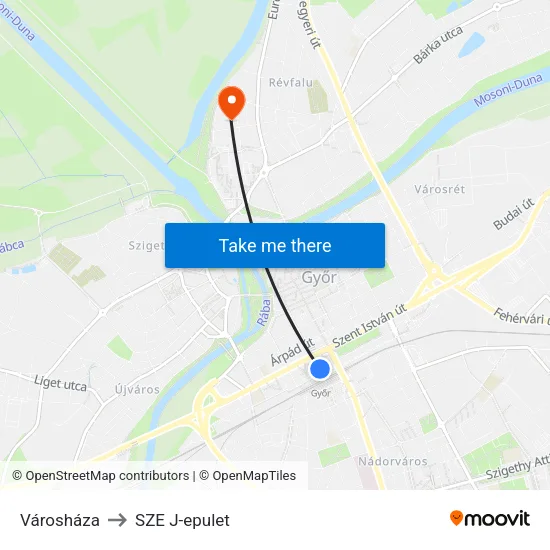 Városháza to SZE J-epulet map
