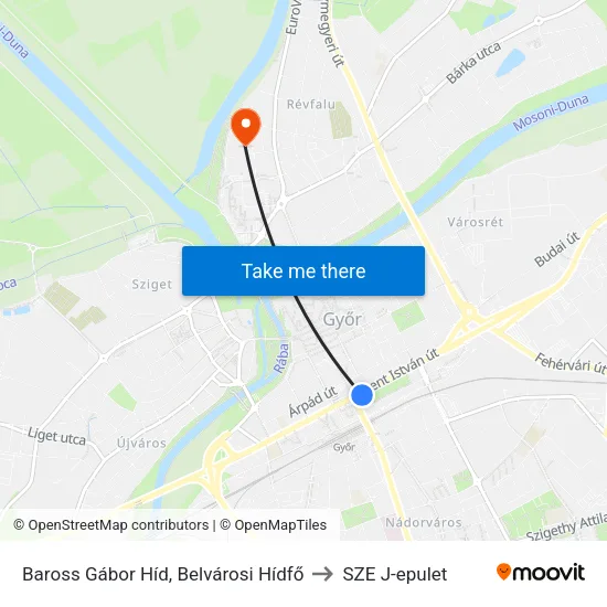 Baross Gábor Híd, Belvárosi Hídfő to SZE J-epulet map