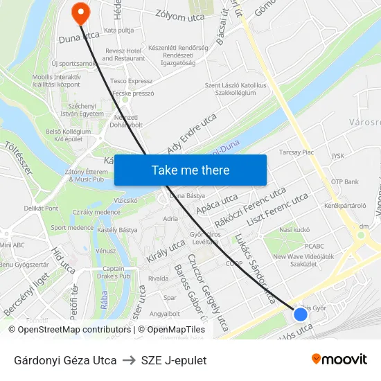 Gárdonyi Géza Utca to SZE J-epulet map
