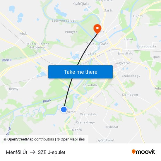 Ménfői Út to SZE J-epulet map