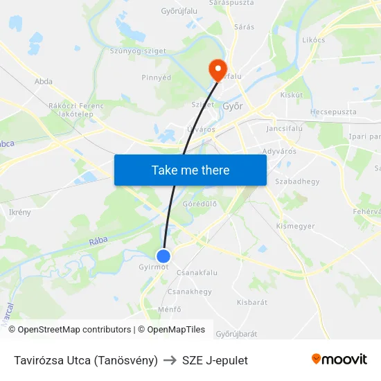 Tavirózsa Utca (Tanösvény) to SZE J-epulet map