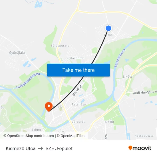 Kismező Utca to SZE J-epulet map