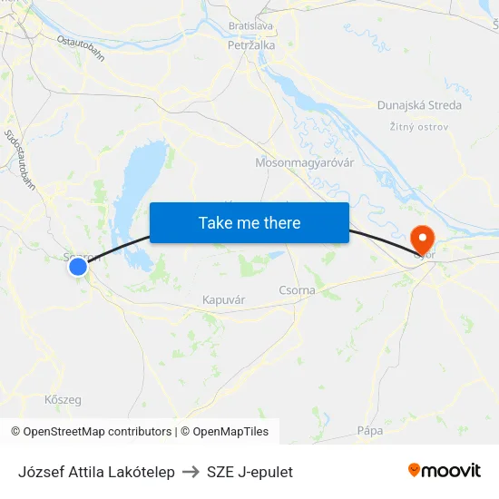 József Attila Lakótelep to SZE J-epulet map