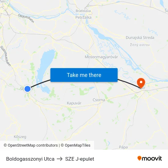 Boldogasszonyi Utca to SZE J-epulet map