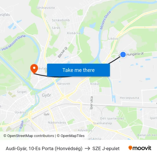 Audi-Gyár, 10-Es Porta (Honvédség) to SZE J-epulet map