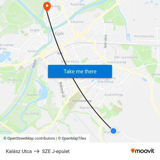 Kalász Utca to SZE J-epulet map