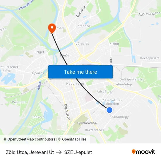 Zöld Utca, Jereváni Út to SZE J-epulet map