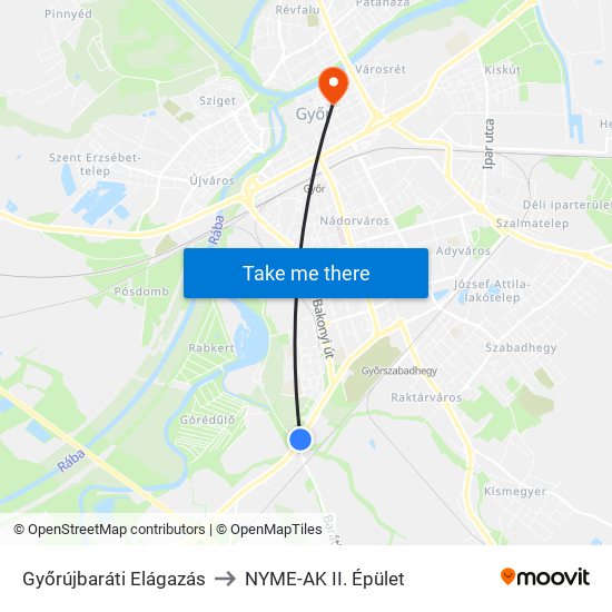 Győrújbaráti Elágazás to NYME-AK  II. Épület map