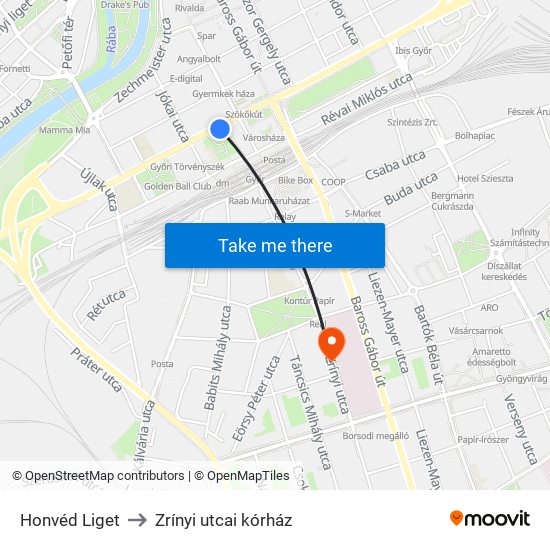 Honvéd Liget to Zrínyi utcai kórház map