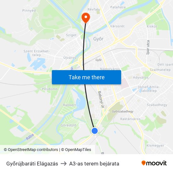 Győrújbaráti Elágazás to A3-as terem bejárata map