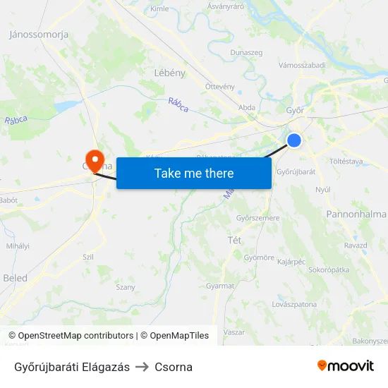 Győrújbaráti Elágazás to Csorna map