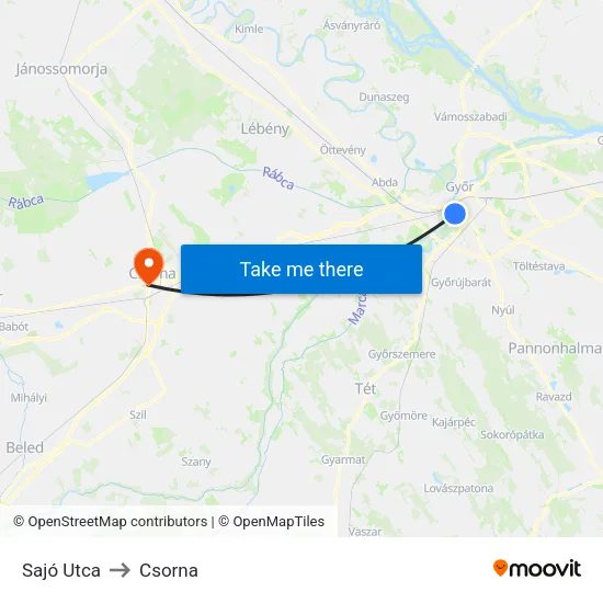 Sajó Utca to Csorna map