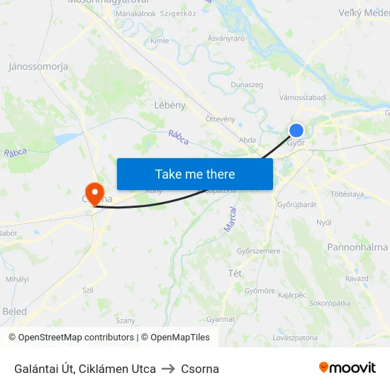 Galántai Út, Ciklámen Utca to Csorna map