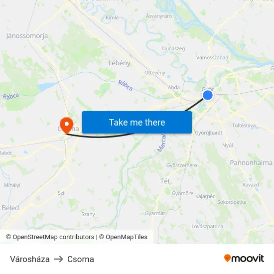 Városháza to Csorna map