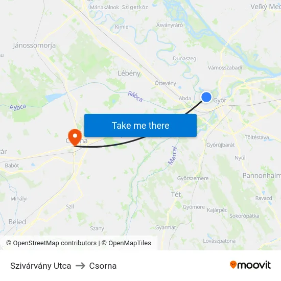 Szivárvány Utca to Csorna map