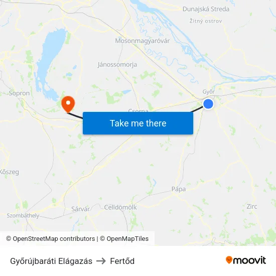 Győrújbaráti Elágazás to Fertőd map