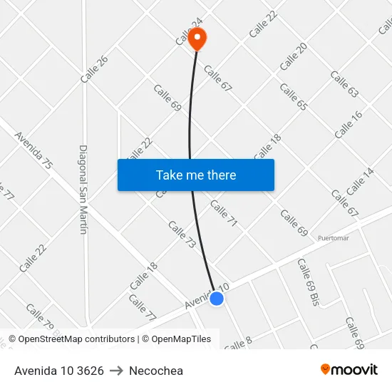Avenida 10 3626 to Necochea map
