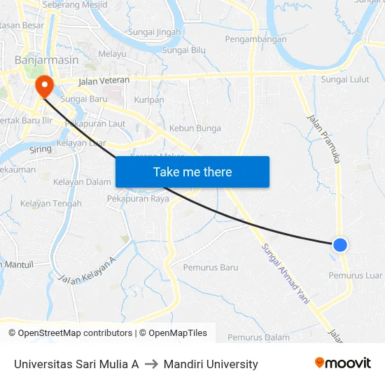Universitas Sari Mulia A to Mandiri University map