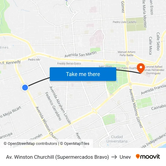 Av. Winston Churchill (Supermercados Bravo) to Unev map