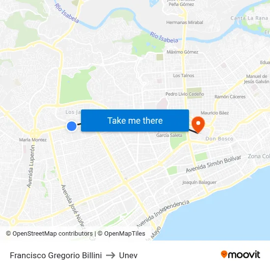 Francisco Gregorio Billini to Unev map