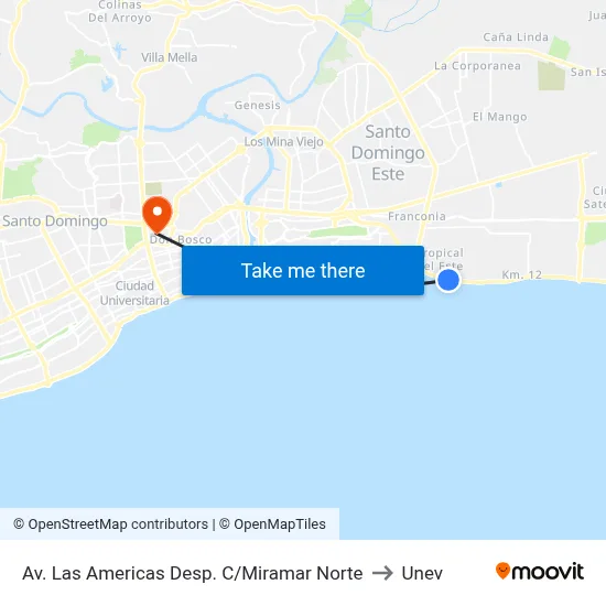Av. Las Americas Desp. C/Miramar Norte to Unev map