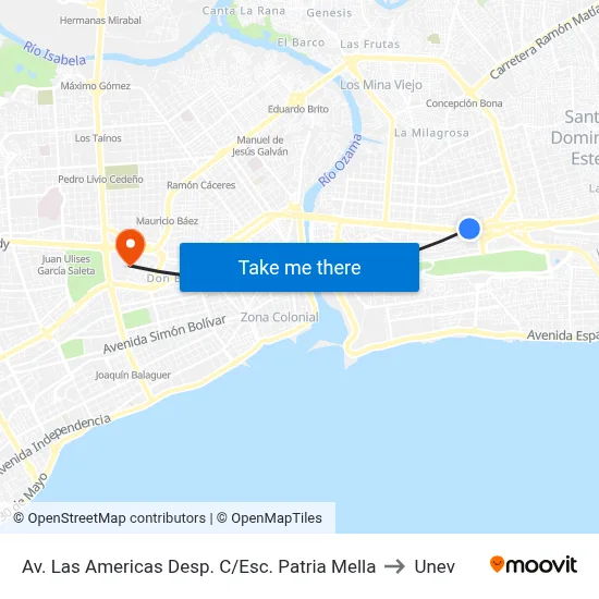 Av. Las Americas Desp. C/Esc. Patria Mella to Unev map