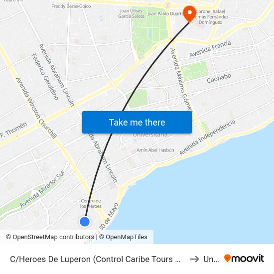 C/Heroes De Luperon (Control Caribe Tours Urbano) to Unev map