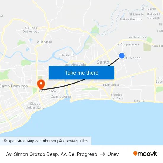 Av. Simon Orozco Desp. Av. Del Progreso to Unev map