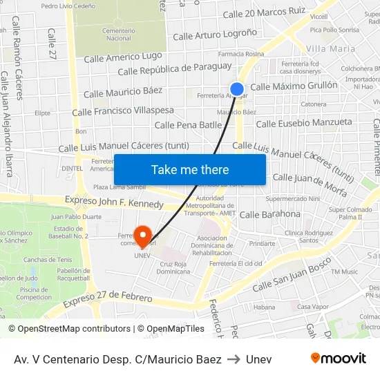 Av. V Centenario Desp. C/Mauricio Baez to Unev map