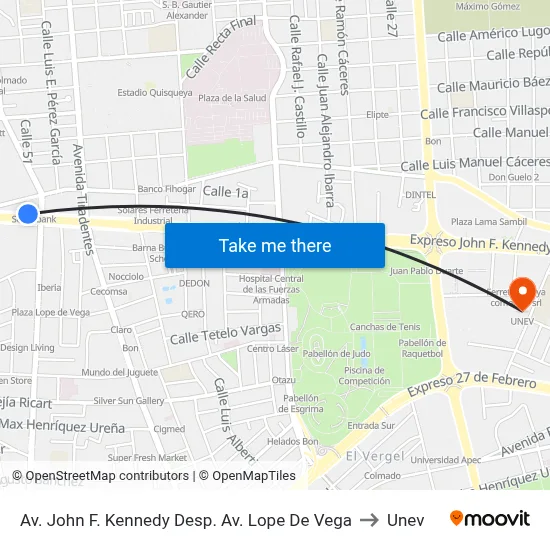 Av. John F. Kennedy Desp. Av. Lope De Vega to Unev map