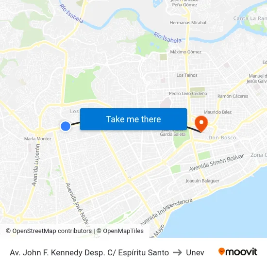 Av. John F. Kennedy Desp. C/ Espíritu Santo to Unev map