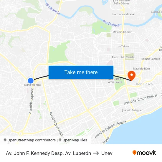Av. John F. Kennedy Desp. Av. Luperón to Unev map