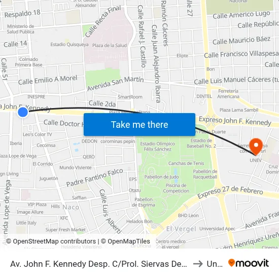 Av. John F. Kennedy Desp. C/Prol. Siervas De María to Unev map