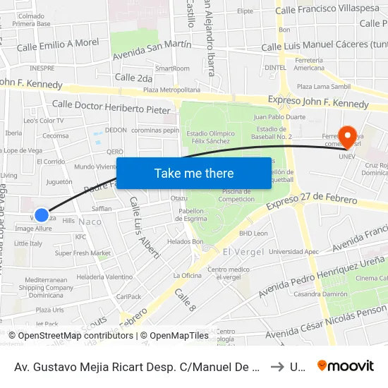 Av. Gustavo Mejia Ricart Desp. C/Manuel De Jesús Goico to Unev map