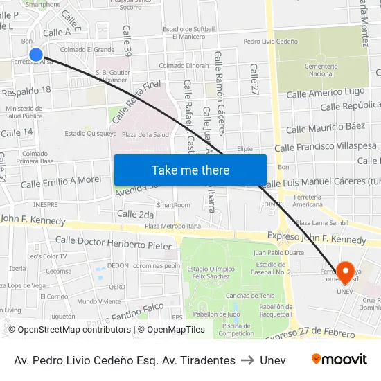 Av. Pedro Livio Cedeño Esq. Av. Tiradentes to Unev map