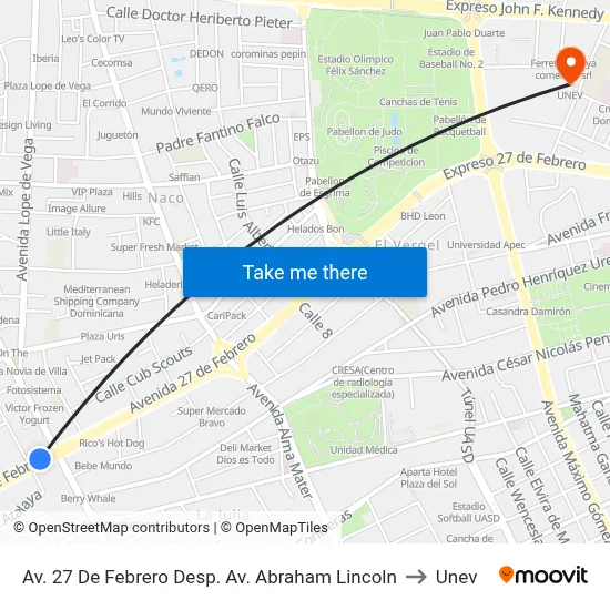 Av. 27 De Febrero Desp. Av. Abraham Lincoln to Unev map