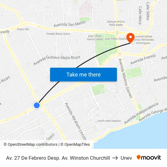 Av. 27 De Febrero Desp. Av. Winston Churchill to Unev map