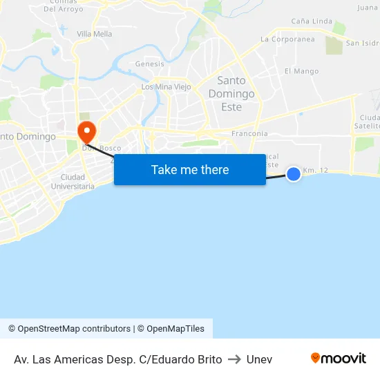 Av. Las Americas Desp. C/Eduardo Brito to Unev map
