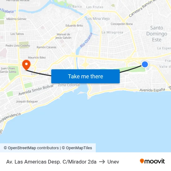 Av. Las Americas Desp. C/Mirador 2da to Unev map
