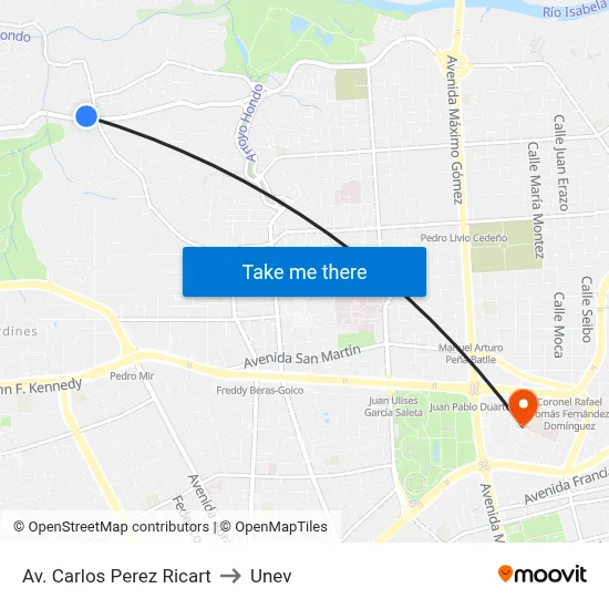 Av. Carlos Perez Ricart to Unev map