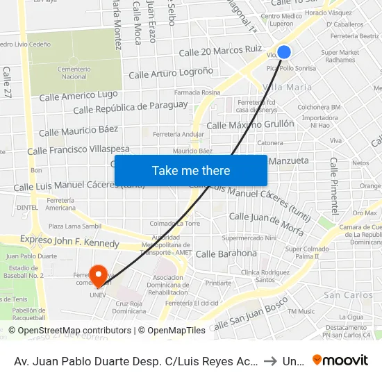 Av. Juan Pablo Duarte Desp. C/Luis Reyes Acosta to Unev map