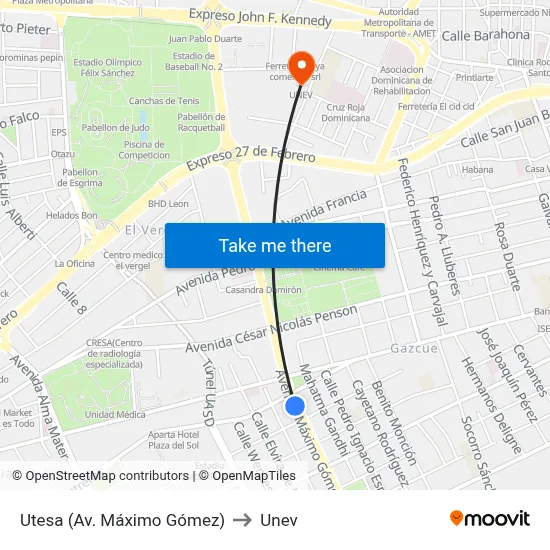 Utesa (Av. Máximo Gómez) to Unev map