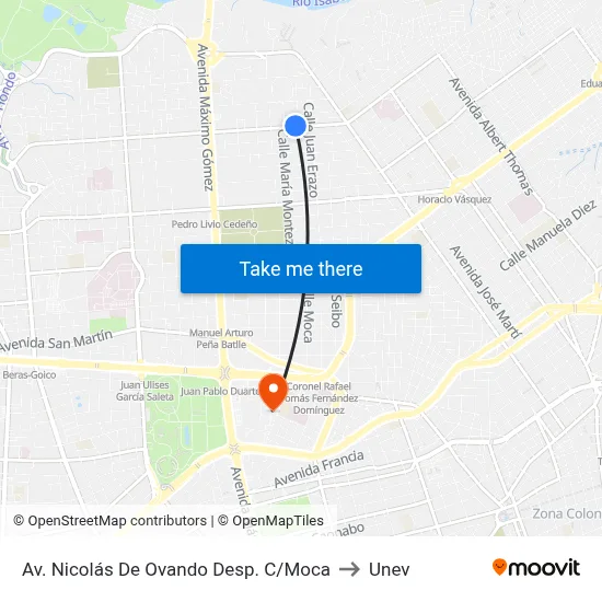 Av. Nicolás De Ovando Desp. C/Moca to Unev map