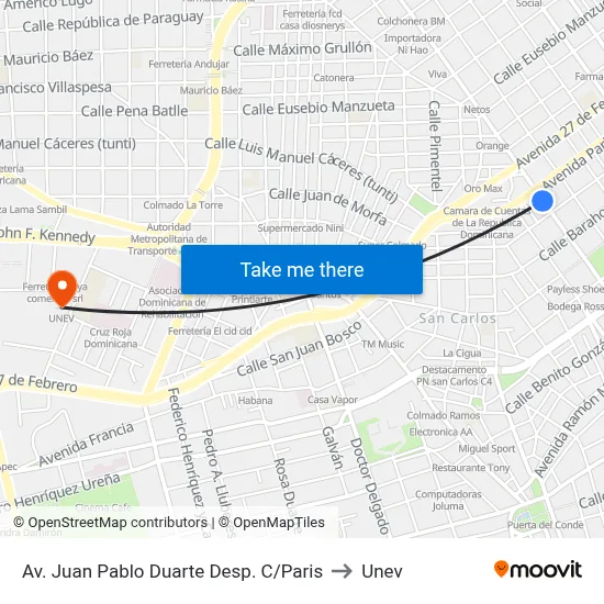 Av. Juan Pablo Duarte Desp. C/Paris to Unev map
