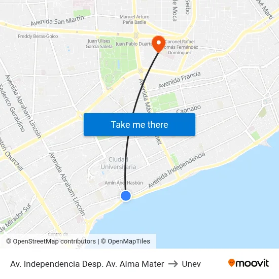 Av.  Independencia Desp. Av. Alma Mater to Unev map