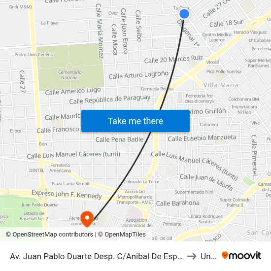 Av. Juan Pablo Duarte Desp. C/Anibal De Espinosa to Unev map