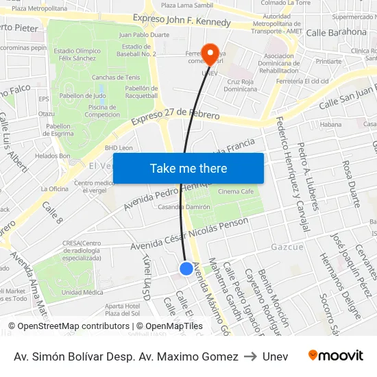 Av. Simón Bolívar Desp. Av. Maximo Gomez to Unev map