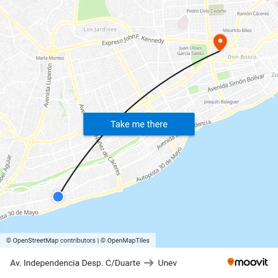 Av. Independencia Desp. C/Duarte to Unev map