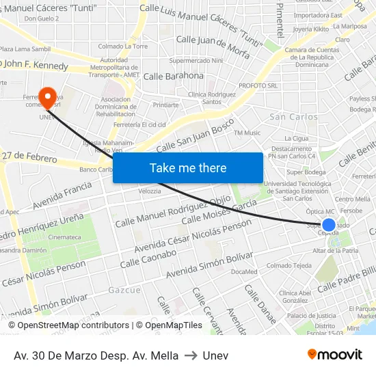 Av. 30 De Marzo  Desp. Av. Mella to Unev map